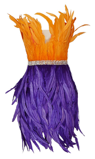 Carnival Queen <br><span>Orange Purple Feather Strapless Plunge V Neck Crystal Waistband Mini Dress</span>