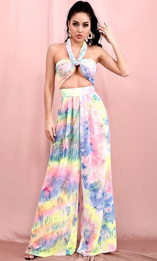 Breath Of Fresh Air Neon Multicolor Tie Dye Pattern Strapless Bow Adjustable Crop Top Loose Wide Leg Two Piece Jumpsuit
