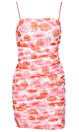Everlasting Love Pink Floral Pattern Sleeveless Spaghetti Strap Square Neck Ruched Casual Bodycon Mini Dress