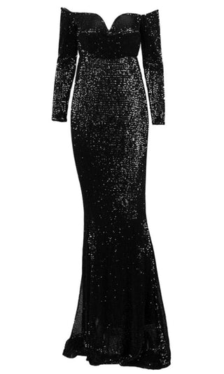 Time To Sparkle Black Sequin Long Sleeve Off The Shoulder V Neck Mermaid Maxi Dress