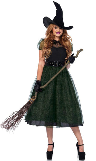 Sweet Spellcaster <br><span>Black Green Sheer Mesh Glitter Short Sleeve Flare A Line Midi Dress Halloween Costume</span>