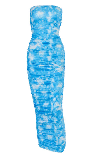 Magical Voyage Tie Dye Pattern Strapless Ruched Bodycon Casual Maxi Dress