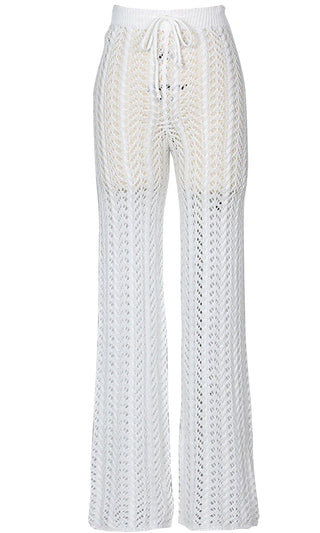 Bohemian Chic <span><br> White High Waisted Crochet Knit Drawstring Sheer Flare Pants</br>