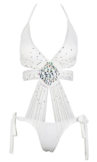 Indie XO Getting Famous <br><span> White Beaded Rhinestone Sleeveless Halter Plunge V Neck Cut Out Monokini One Piece Swimsuit </span>
