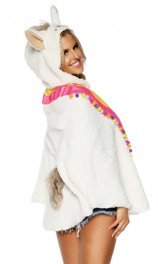 La La Llama<br><span> White Long Sleeve Hood Poncho Pom Pom Wrap Halloween Costume</span>