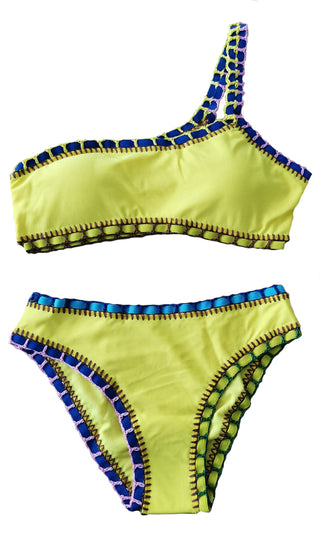 Hawaiian Spirit <br><span>Yellow Sleeveless One Shoulder Crochet Elastic Two Piece Bikini Swimsuit</span>