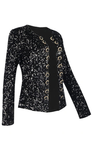 Throwing Confetti Black Pearl Button Multicolored Sequin Long Sleeve Crop Outerwear Jacket