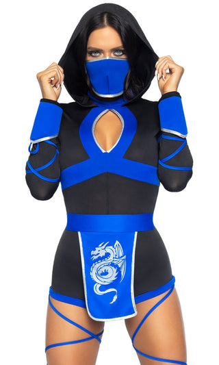 Dragon Ninja <br><span>Blue Black Long Sleeve Hood Keyhole Neck 3 Piece Romper Halloween Costume</span>