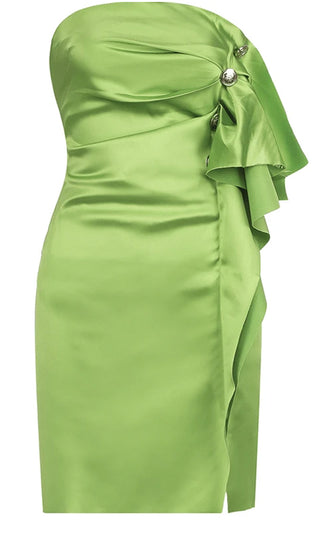 Give Me Fever Green Strapless Ruffle Button Slit Hem Bodycon Mini Dress