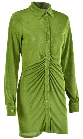 All The Vibes Green Long Sleeve Ruched Button Up Lapel Collared Blouse Casual Mini Dress