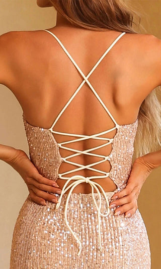 Shine Bright <br><span>Gold Sequin Sleeveless Crisscross Spaghetti Strap Lace Up Open Back V Neck Slit Maxi Dress</span>