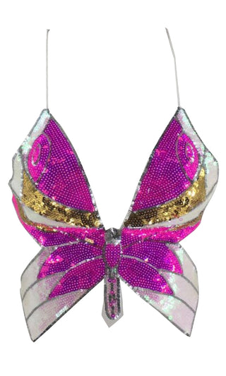 Wild Girl <br><span>Pink Sequin Butterfly Sleeveless Spaghetti Strap Crisscross V Neck Backless Crop Top</span>