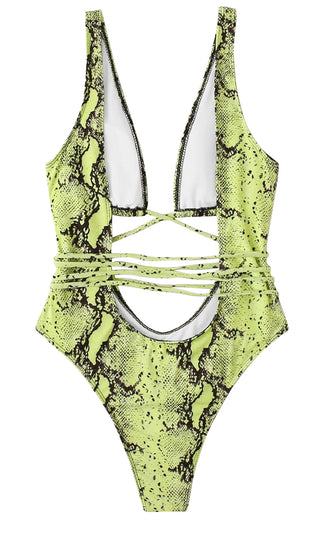 Drive My Boat <br><span> Animal Pattern Geometric Print Sleeveless Plunge V Neck Lace Up High Cut Brazilian One Piece Swimsuit </span>