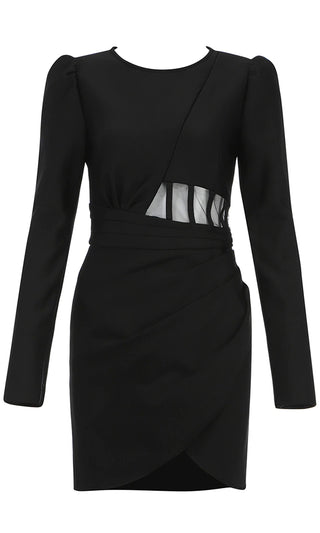 Onto The Next Black Long Sleeve Puff Shoulder Round Neck Sheer Mesh Waist Wrap Bodycon Mini Dress