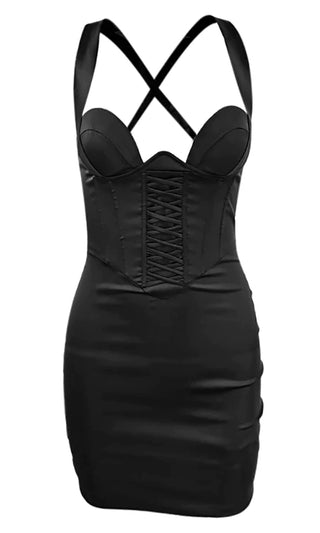 Into My Heart Black Sleeveless Sweetheart Bustier Corset Cup Satin Lace Up Bodycon Mini Dress