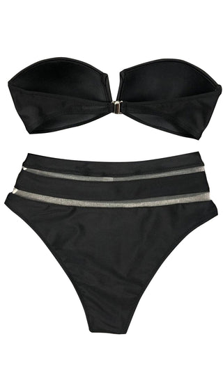 Sheer Honesty <br><span> Strapless Bandeau V Neck High Waist Sheer Mesh Stripe Two Piece Bikini Swimsuit </span>