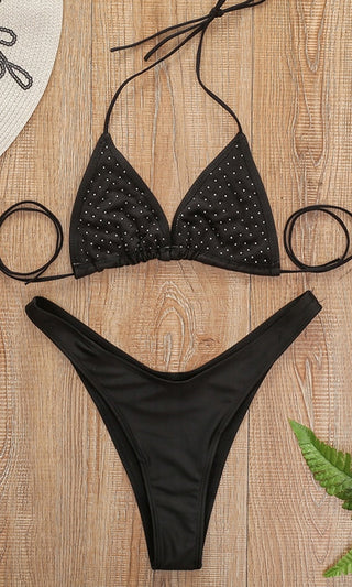 Beach Glam <br><span> Black Pearl Triangle Top Low Rise Brazilian Two Piece Bikini Swimsuit </span>