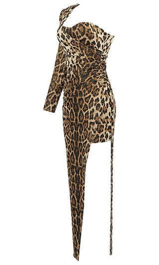 Matter Of Time <br><span> Leopard Print Animal Pattern One Shoulder Long Sleeve Ruched Side Slit Bodycon Maxi Dress</span>