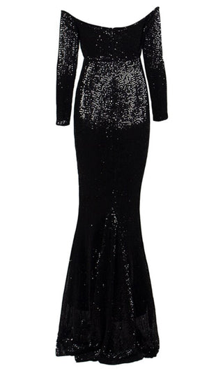 Time To Sparkle Champagne Sequin Long Sleeve Off The Shoulder V Neck Mermaid Maxi Dress
