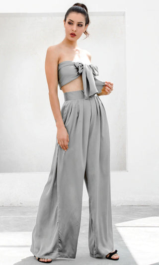 Indie XO In The Lead Pink Silky Strapless Tie Front High Waist Palazzo Jumpsuit Pants