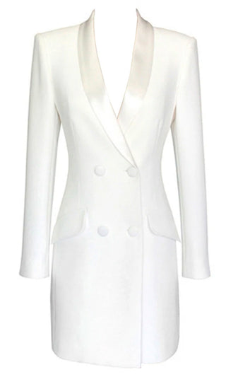 It's Tempting White Long Sleeve Satin Lapel V Neck Button Bodycon Tuxedo Blazer Jacket Mini Dress