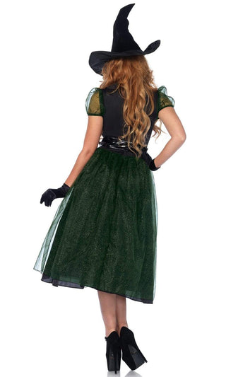 Sweet Spellcaster <br><span>Black Green Sheer Mesh Glitter Short Sleeve Flare A Line Midi Dress Halloween Costume</span>