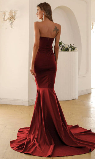 Sophisticated Moment <br><span> Burgundy Strapless Sweetheart Neck Front Slit Mermaid Train Maxi Dress</span>