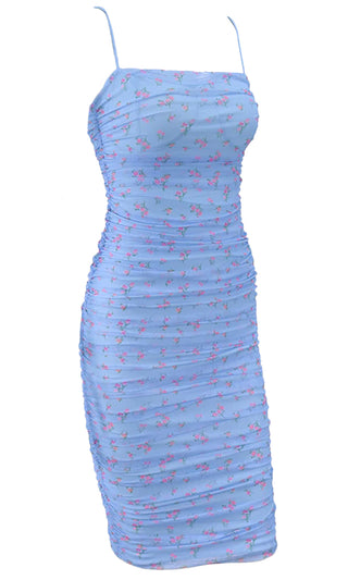 Natural Emotions Blue Floral Pattern Mesh Sleeveless Spaghetti Strap Square Neck Ruched Bodycon Casual Midi Dress