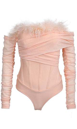 He's Yours Pink Feather Long Sleeve Ruched Off The Shoulder Bandage Bodysuit Top