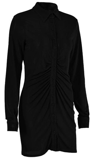 All The Vibes Black Long Sleeve Ruched Button Up Lapel Collared Blouse Casual Mini Dress