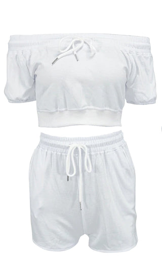 The Good Times Short Sleeve Off The Shoulder Crop Top Elastic Waist Two Piece Athletic Romper Set
