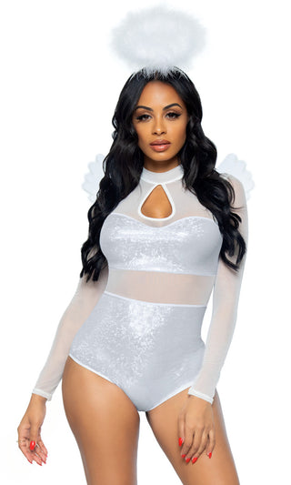 Heavenly Angel <br><span>White Long Sleeve Keyhole Cut Out Holographic Sheer Bodysuit 3 Piece Halloween Costume</span>