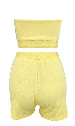 Candy Crush Yellow Strapless Drawstring Crop Tube Top Shorts Romper Two Piece Set