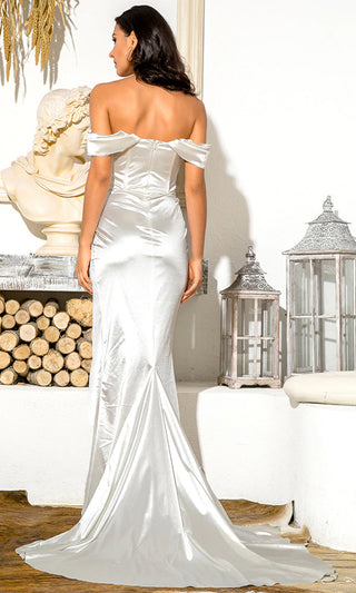 A Moment In Time White Satin Short Sleeve Off The Shoulder Ruched Side Split Train Maxi Dress