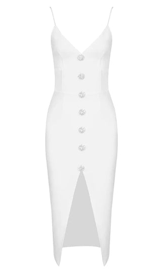 Sail Away<br><span> White Sleeveless Spaghetti Strap Crystal Button V Neck Open Back Front Slit Bandage Bodycon Midi Dress</span>