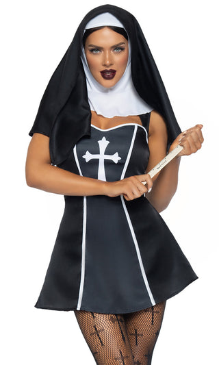 Naughty Nun <br><span>Black White Sleeveless Sweetheart Neckline Bustier A Line Mini Dress 2 Piece Halloween Costume</span>