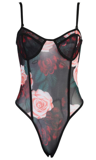 About To Blossom Black Pink Floral Pattern Sheer Mesh Sleeveless Spaghetti Strap Bustier Bodysuit Top