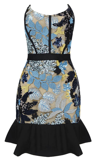 Blooming On <BR><SPAN>Blue Sequin Floral Pattern Sheer Mesh Strapless Scoop Neck Ruffle Hem Bodycon Mini Dress</SPAN>