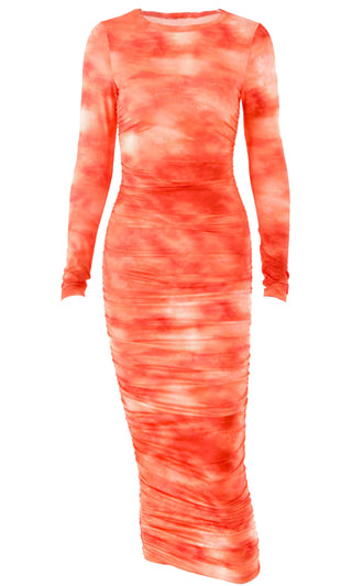 All Together Again Black Tie Dye Pattern Long Sleeve Crew Neck Ruched Bodycon Midi Dress