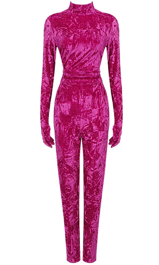 Ready To Slay <br><span>Fuchsia Pink Velvet Long Sleeve Gloves Mock Neck Bodycon Jumpsuit</span>