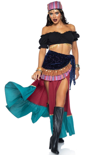 Seeing The Future <br><span>Multicolor Off The Shoulder Crop Top Ruffle Slit Maxi Skirt Head Scarf Three Piece Halloween Costume</span>