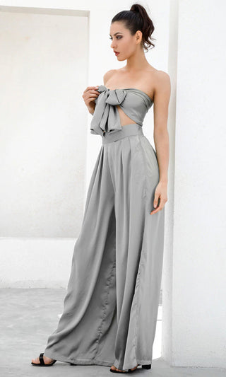 Indie XO In The Lead Black Silky Strapless Tie Front High Waist Palazzo Jumpsuit Pants