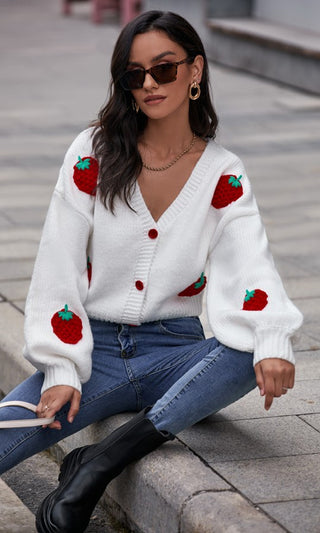 Strawberry Sweet <span<br> White Fruit Pattern Long Lantern Sleeve V Neck Button Cardigan Sweater</span