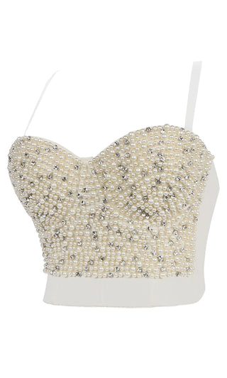 Excited For It <br><span>White Rhinestone Faux Pearl Adjustable Removable Strap Bustier Corset Sweetheart Neck Crop Top</span>