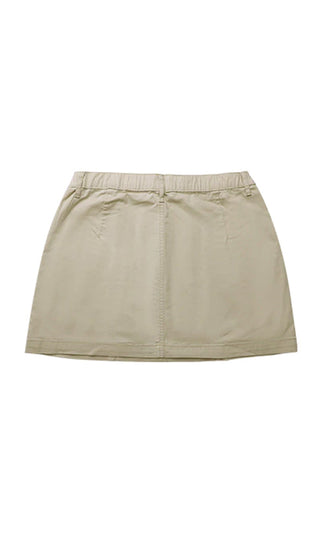 New Generation <br><span>Beige Khaki Cargo Asymetrical Pockets Elastic Stretch Waist Mid Rise Mini Skirt</span>
