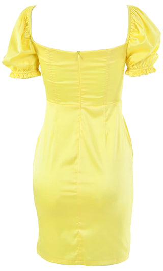 Ray Of Sunshine Satin Yellow Short Puff Sleeves Sweetheart Neck Zip Front Bustier Bodycon Mini Dress