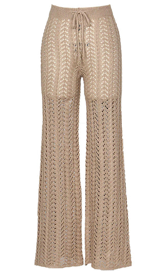 Bohemian Chic <span><br>Burgundy High Waisted Crochet Knit Drawstring Sheer Flare Pants</span>