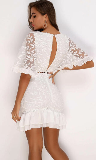 Spread The Love White Sheer Mesh Lace Elbow Sleeve Ruffle V Neck Cut Out Bodycon Mini Dress