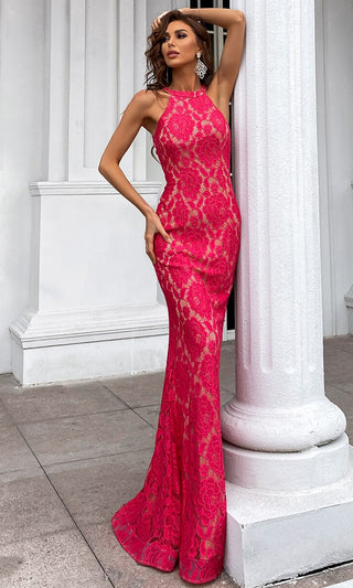 Lost In The Moment <br><span>Hot Pink Lace Sleeveless High Neck Halter Backless Mermaid Maxi Dress</span>
