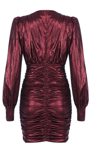 Let Your Hair Down Wine Red Metallic Long Lantern Sleeve Plunge V Neck Ruched Bodycon Mini Dress